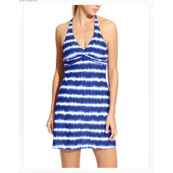 ATHLETA Swim Dress Del Mar Tara Halter Hydro Blue Stripe Tie Dye Print 32D DD - Picture 1 of 16